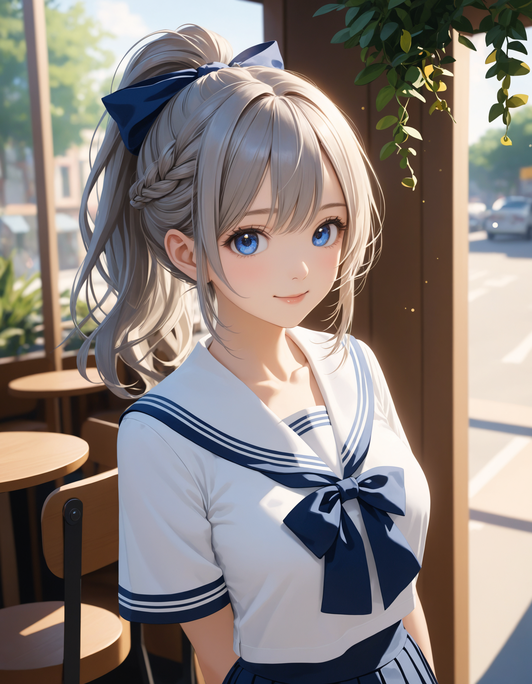 SceneDescription:
  - Composition: Upper body shot. Shooting from front.
  - Subject: A cute girl.
    - Characteristics:
      - Face: (Cute round face:1.1).
      - Eyes: Detailed dark-blue eyes.
      - Hair: Long wavy high (ponytail:1.2) with big ribbon hair ornament, (gray hair), (gray inner hair), left side french braid, ahoge and hair between eyes.
      - Body: Detailed slender body. Large breasts.
      - Clothing: School uniform, sailor collar, short sailor sleeves and pleated skirt.
      - Expression: Amused expression.
      - Posing: (Arms behind back:1.2). Head tilt. Looking at viewer.
  - Background: Fashionable cafe street.
    - Elements: Decorative plants. Blue sky. Lens flare.
Time: Daytime.
Lighting: (Natural lighting:1.4).
ArtStyle: Photorealistic.
Quality: Intricate details. Extremely detailed. Outstanding intricacies. (Masterpiece:1.2). (Best quality:1.2). (Absurdres absolutely resolution:1.4).
Mood: Serene atmosphere.