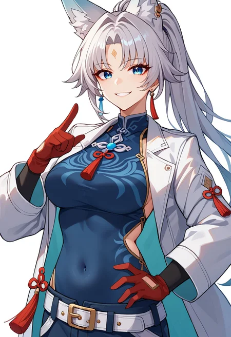 score_9,score_8_up,score_7_up, <lora:feixiao_hsr_pdxl_goofy:1>feixiao-hsr, animal ears, smile, hand on hip, belt, gloves, breasts, animal ear fluff, jewelry, tassel, white background, earrings, covered navel, looking at viewer, forehead mark, long hair, facial mark, simple background, white jacket, tassel earrings, jacket, bangs, blue eyes, open clothes, fox ears, ponytail