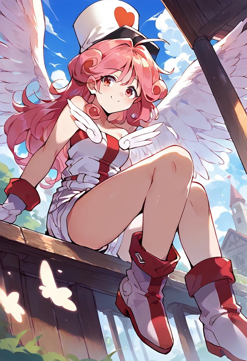 score_9,score_8_up,score_7_up,source_anime,zPDXL3,fantasy,town,wooden bench,sitting,smile,from below,
*//*,<lora:InjectionFairyLily_v1.0:1>,lily_ygo,1girl,wings,hat,nurse cap,gloves,heart,nurse,boots,shorts,angel wings,
*//*,looking at viewer,cowboy shot,dutch angle,dynamic pose,