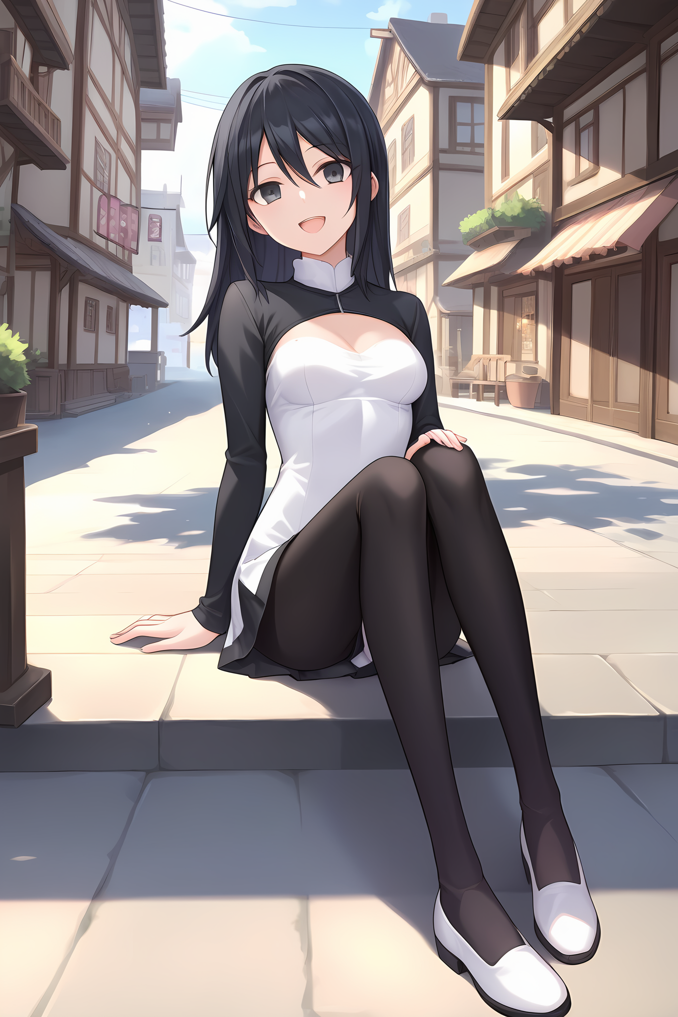 (white dress two-tone dress black sleeves short dress black leggings white shoes), dsc-yuuko, black hair, medium breasts, 1girl, solo, skinny, score_9, score_8_up, score_7_up, score_6_up, score_5_up, source_anime, happy, town, (1.3::full body|sitting|standing|lying|0.6::close-up| :1.20), feet, <lora:dsc-yuuko-V01-000005:0.60>