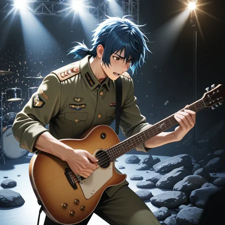 masterpiece, best quality, amazing quality, absurdres, newest, detailed background, definition so sharp, Ultra-HD, 8K cinematic, very awa, impressionate, amazing quality, highres,
solo, male focus, manly,
daikakukokujouji, 1boy, short hair, tied hair, low tied hair, lieutenant_pretime, lieutenant_blue hair, lieutenant_brown eyes, playing guitar, headbanging, energetic performance, but nearly dropping guitar, stage lighting, rock concert, passionate, cool, clumsy, charming, musical