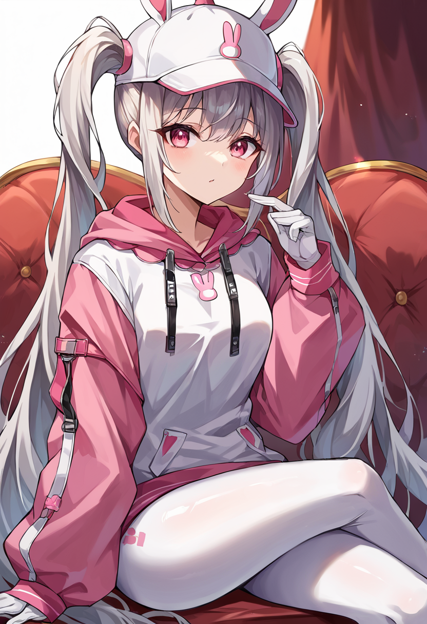 score_9, score_8_up, score_7_up, source_anime BREAK 1girl, solo,<lora:alice-nikke-richy-v1_pdxl:1> alicebunny, twintails, very long hair, grey hair, hat, pink eyes, hoodie, white leggings, white gloves, sitting