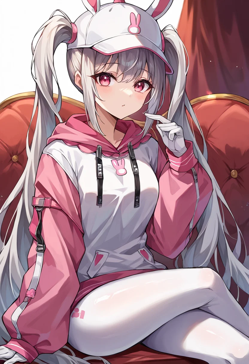score_9, score_8_up, score_7_up, source_anime BREAK 1girl, solo,<lora:alice-nikke-richy-v1_pdxl:1> alicebunny, twintails, very long hair, grey hair, hat, pink eyes, hoodie, white leggings, white gloves, sitting