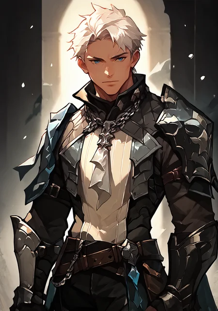 score_9_up, score_8_up, score_7_up, score_6_up, solo, 1boy, solo, crozet, male focus, bcrozet, 1boy, male focus, solo, white hair, short hair, side part, blue eyes, armor, steel pauldrons, mature, white tunic, brown belt, black pants, steel greaves, chain necklace with paper, light skin, steel gauntlets, brown belt, sword on back, high collar, dark fantasy art, grimdark, best_quality, masterpiece, dark cold color scheme, valorant style, dvs, head down, <lora:sxz-valorant-smol-v2-pdxl:0.2> <lora:Concept Art DarkSide Style LoRA_Pony XL v6:0.9> <lora:Crozet_-_Epic_Seven-000009:0.87>