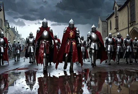 Masterpiece, DonMSt34mPXL, Realistic Lightning, Cinematic Lightning, Dark Lightning, Rain, Puddle, Clouded Sky, medieval, fantasy, pedestrians, Cape, Reflection, bloody clothes, Army.
((((army of knights) with blood on their armor and capes marching home with wounds and broken weapons. fandist background.