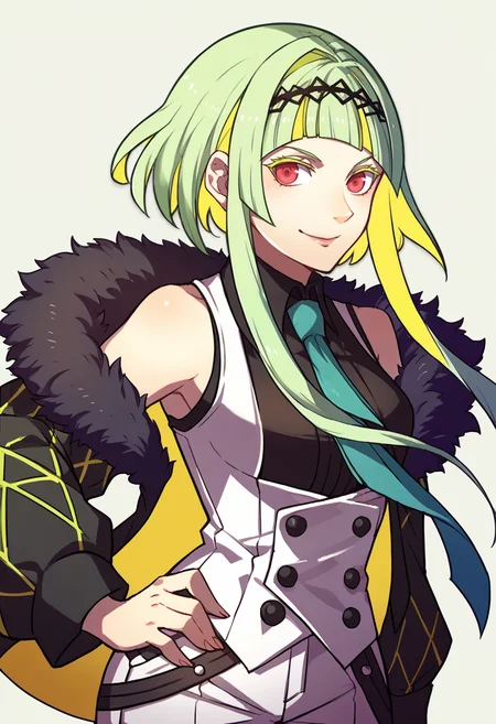 score_9, score_8_up, score_7_up, source_anime, BREAK, solo, 1girl, <lora:zs_FE3HPortraitsXL:1>, fe3hportraits, upper body, white background, <lora:Ringo-pdxl_Fp:1>, ringosh2, short hair with long locks, green hair, multicolored hair, red eyes, hairband, white vest, white shorts, necktie, smile, shirt, sleeveless, collared shirt, hand on own hip,
