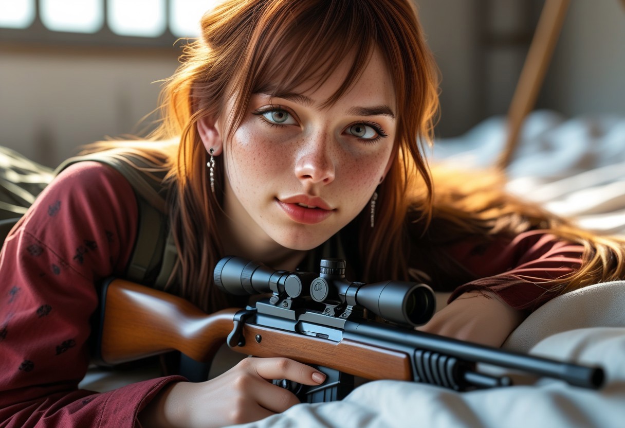 colorfull photograph, 24 year old girl Y4SM1N3, sexy busty girl, adorable, freckles, cleavage, earrings, knotted shirt, skirt, lying back on mattress, hold a gun