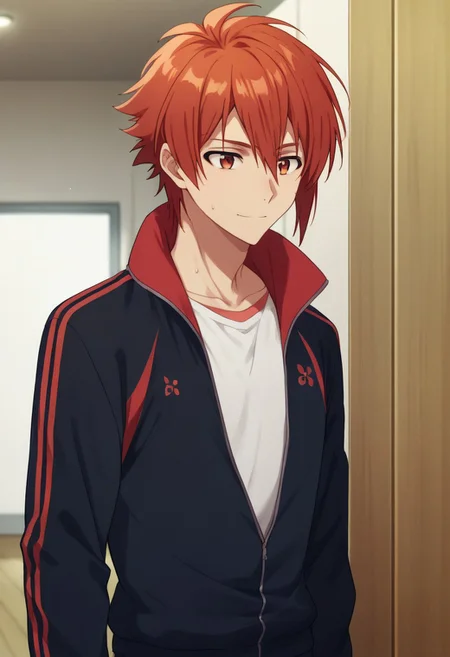 score_9, score_8_up, score_7_up, source_anime, highly detailed,
rikunanase, 1boy, male focus, solo, jacket, smile, red hair, red eyes, track jacket,
pants, upper body, sweat, tired,
indoor,