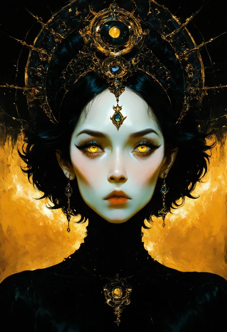 masterpiece, best quality, good quality, very awa, very aesthetic, absurdres, newest, 1girl, solo, looking_at_viewer, short_hair, black_hair, hair_ornament, closed_mouth, jewelry, upper_body, yellow_eyes, earrings, eyelashes, lips, makeup, portrait, gem, pale_skin, forehead, headpiece, headdress, forehead_jewel, gold, opill