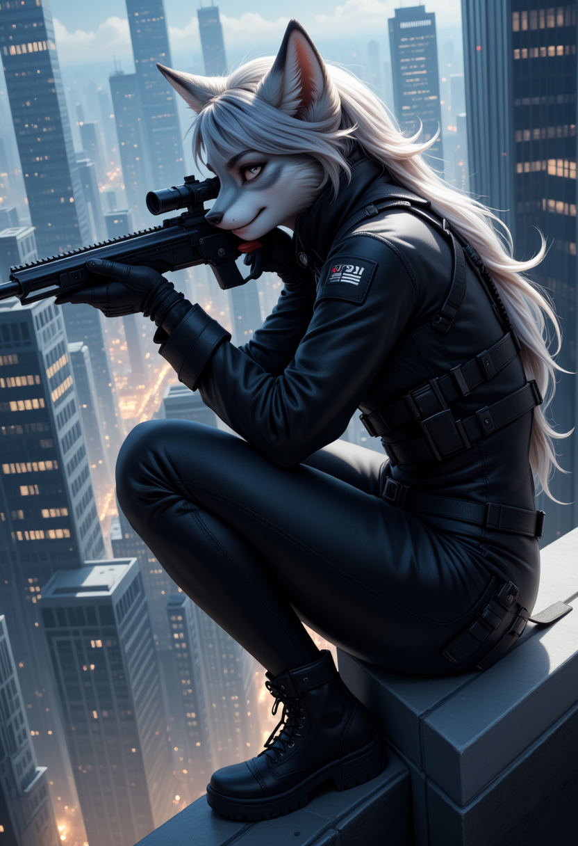FurFemX. A sleek silver-furred fox woman in an assassinâs black tactical gear, crouched on a skyscraperâs edge. Her sharp ears twitch as she watches her target through a sniper scope, the city lights blinking far below.