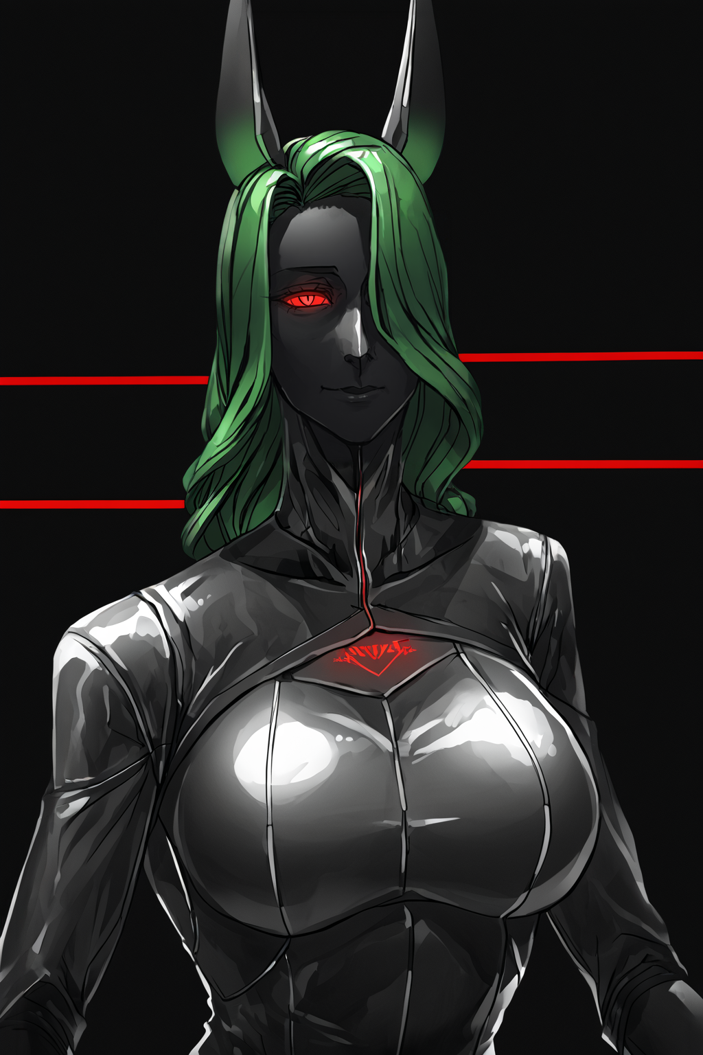 score_9, score_8_up, score_7_up, score_6_up, score_5_up, score_4_up, BREAK, source_anime, solo, 1girl, rating_safe, ((mature female)), ((long green flowing hair)), mechanical parts, ((plastic, polymer, metal body)), (big mechanical rabbit ears), mature female, (bunny ears), (animal ears), subdermal port, ((milf, mature female, big breasts)), hexagon lines in skin, naval uniform overcoat, naval uniform, white military uniform, dress_uniform, ribbons, ((red eyes)), bunny tail, rabbit tail, aiguillette, ((green hair)), ascot, ((Close shot (focus on chest), Standing with one hand reaching up )), pilot suit, shoulder cutout, bunny rabbit Tail, ((hair over one eye, )), digitigrade, clawed feet, minimal clothes, ((metal skin, shiny skin, vampire aesthetic, digital eyes, filled eyes, monochromatic eyes, glowing eyes, colored sclera, red sclera, mechanical eyes, partially shaded face, slit pupils, angular, minimal face, minimalism, narrow eyes, large eyes)), (anubis \(mythology\), anubis \(mythology\), ), <lora:Pony_DetailV2.0:1.5>, <lora:age_slider_v4:4>, ((dark, shaded, black background, horror, GREEN HAIR,)) <lora:ECHANIS:0.7>,    <lora:SqueakyRem_Style:1>
