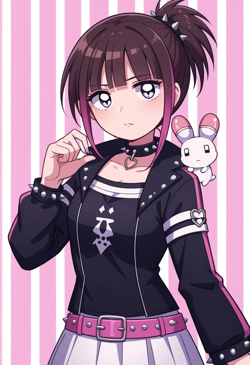 score_9, score_8_up, score_7_up,
masterpiece, best quality, detailed, amazing quality,
detailed background, stripes,
detailed eyes, clean eyes,
dynamic pose,
easynegative,
solo, 1girl, menhera-chan, usatan, punk, spikes, belts, black clothing,