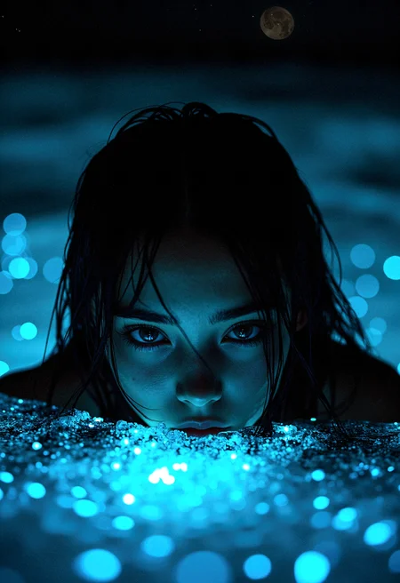 midjourney_whisper_innocent_eyes, A surreal, high-contrast night portrait of a woman rising silently from bioluminescent water, with glowing specks of blue light floating around her. Her face breaks the surface just enough to reveal her brilliant teal eyes, which shine under moonlight as though charged with energy. Her dark wet hair drapes forward, touched by glowing highlights. Her eyes fix on the camera with otherworldly stillness, lips hidden beneath the waterline, her expression unreadable yet mesmerizing—calm, yet powerfully magnetic. Behind her, the water pulses with radiant flecks, and distant stars glimmer faintly in the background. The scene is shot with an 85mm lens at f/1.4, isolating the sharp glow of her eyes while allowing ambient particles to softly blur into the edges. This fantasy-inspired setup balances photorealism with a hint of myth, resembling a dreamscape or the quiet moment before a legend begins.                                                            <lora:MoriiMee_Gothic_Niji_Style_FLUX:0.4000000000000001> <lora:midjourney_whisper_innocent_eyes_v01:0.6000000000000001>