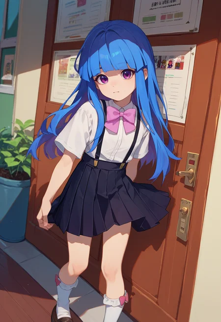 score_9, score_8_up, score_7_up, source_anime, 1girl, furude rika, blue hair, purple eyes, white shirt, pink bow, suspenders, black skirt, white socks, <lora:Furude Rika-000010:1>