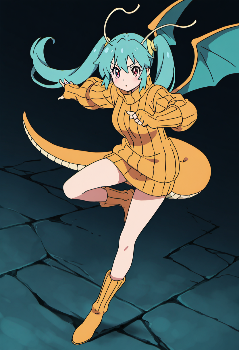 masterpiece, best quality, 1girl, solo, eyelashes, (beautiful eyes), dynamic pose, anime screencap,  zzDragonite, 1girl, solo, aqua hair, twintails, dragon girl, orange scales, dragon wings, dragon tail, orange gauntlets, ribbed sweater, oversized sweater,  ,<lora:DragonitePokedex_IXL_v1:1.0>,