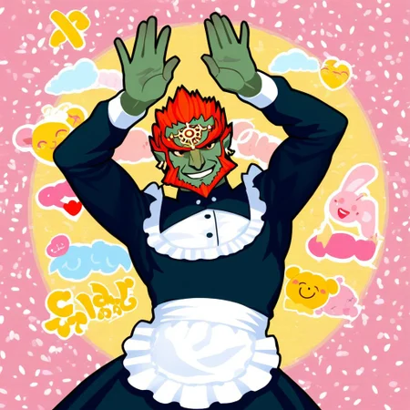 ganondorf, solo, maid outfit, kawaii, happiest smile, caramelldansen pose