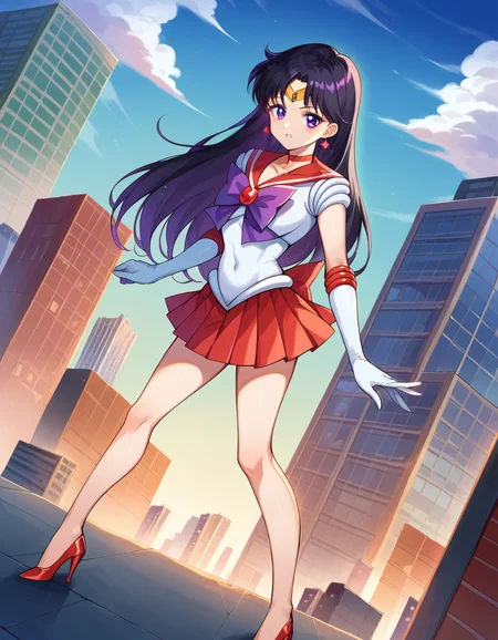 score_9, score_8_up, score_7_up, source_anime,
sailormars, <lora:sailor-mars-ponyxl-lora-nochekaiser:1>
sailor mars, black hair, diadem, long hair, purple eyes, parted bangs,
gloves, high heels, magical girl, microskirt, pleated skirt, red footwear, red skirt, sailor senshi uniform, shoes, skirt, white gloves, bow, purple bow, sailor collar, red sailor collar,
outdoors, cityscape,
looking at viewer, cowboy shot, dutch angle,