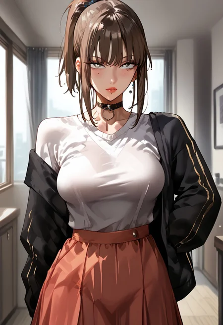 score_9, score_8_up, score_7_up, score_6_up, 1girl, micchan, mature women, older women, medium hair, side-swepped bangs, brown hair, ponytail, grey eyes, medium breasts, pale skin, solo, alone, pullover, skirt, stockings