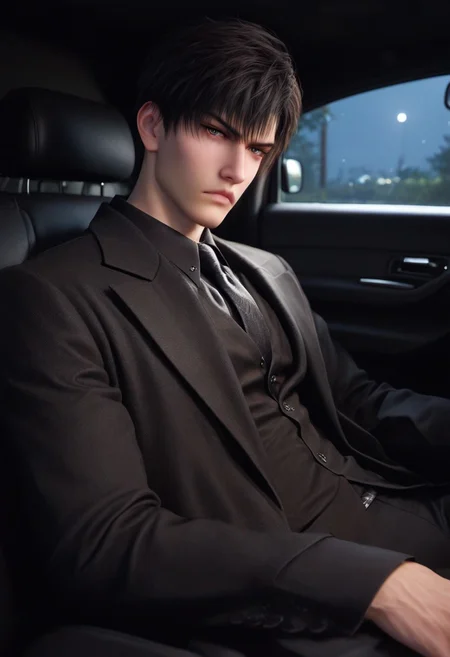 1boy, solo, male focus, toned male, zayne_(love_and_deepspace), black hair, short hair, two sided bangs, pale skin, almond eyes, detailed eyes, satisfaction, satisfied, neutral, detailed face,
dark theme, night, intense shadow, intimidating, chest close to viewer, dark light, no light, dark out, shadow,
(black coat over shoulder:1.1), black collar shirt, black vest, black collar shirt button, wearing a tie, black pants, sweaty hair, long sleeves, modest clothing, looking at viewer, from side view,
sitting inside a car, sit inside a car, riding a car, front view, seductive, romantic, in a car, (lounging:1.1), relax
rating PG, score_9,score_8_up,score_7_up, source_anime, male focus, Muscular, big thigh, big thigh, big chest, hung, manly, tall, detailed eyebrow, sharp eyebrows, focus on thigh, hairy thigh, thigh focus, random view