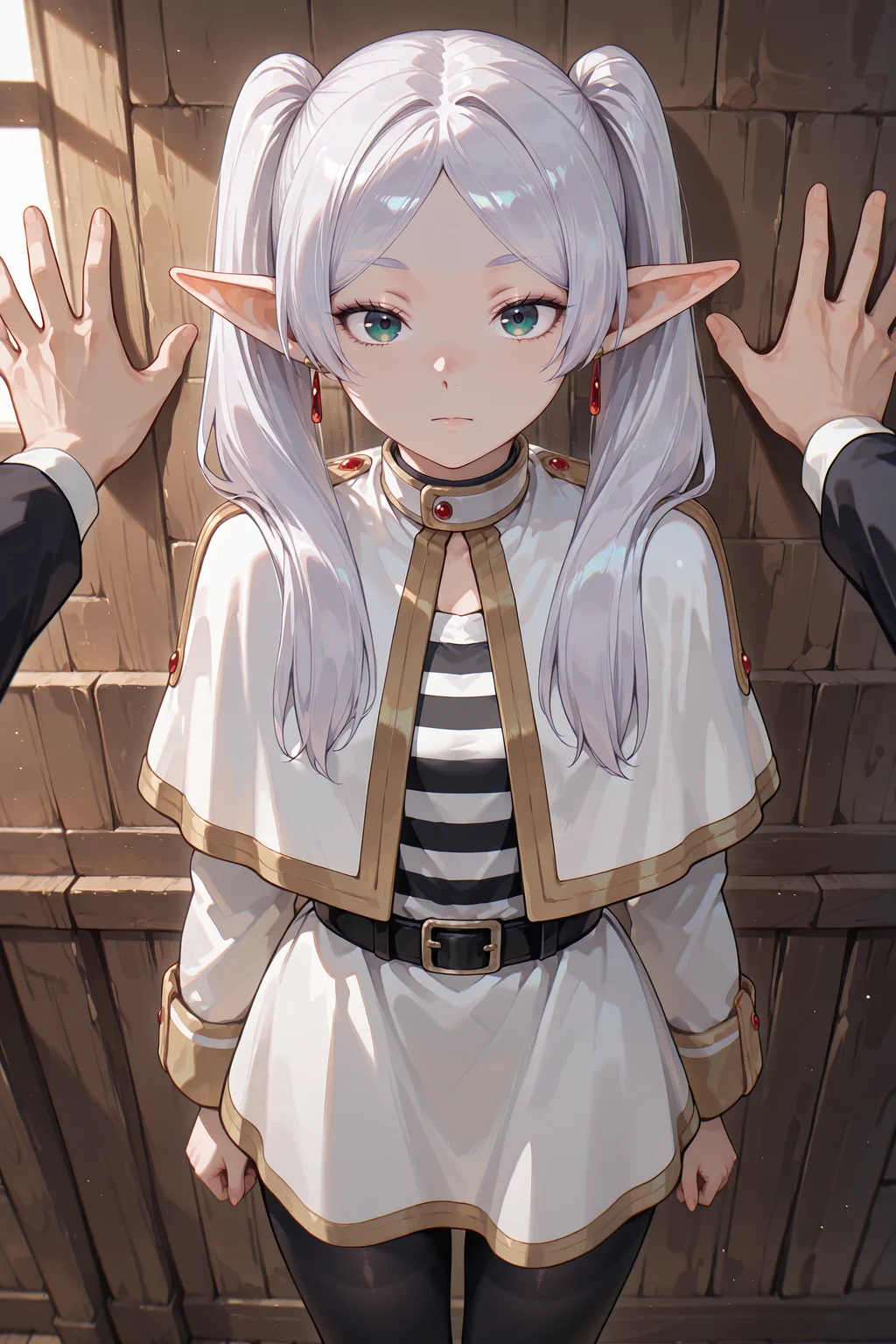 masterpiece, best quality, amazing quality, very aesthetic, absurdres, newest,highres, 1girl, solo focus, <lora:POV_Kabedon__POV_back_against_wall:0.8>, povkabedon, tavern,
BREAK frieren, sousou no frieren, looking at viewer, expressionless,
BREAK white capelet, striped shirt, horizontal stripes, long sleeves, belt, white skirt, gold-trim, black pantyhose,
BREAK masterpiece, best quality, amazing quality, very aesthetic, absurdres, newest, volumetric lighting
