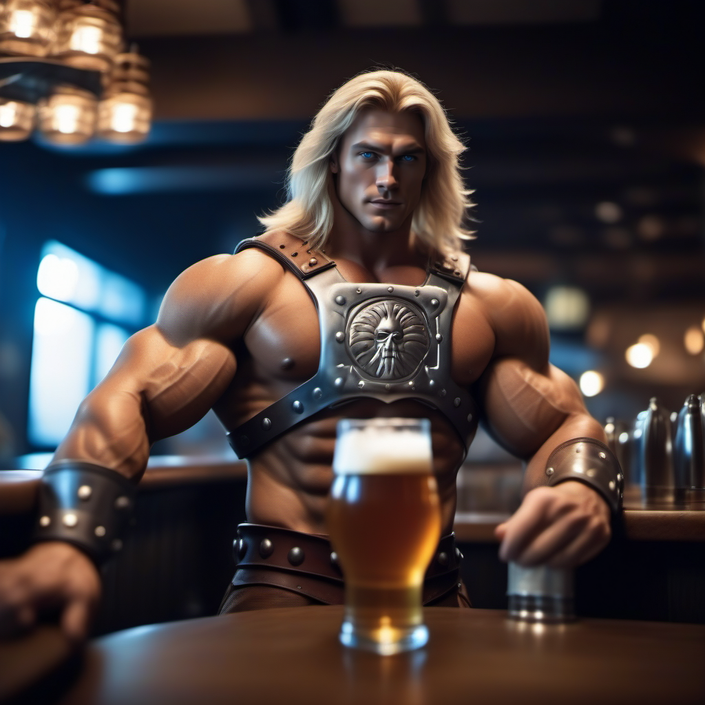 cinematic photo a muscular man, blond long hair, blue eyes, boots, manly, armor, having a beer in a pub <lora:He-man1024:0.8> . 35mm photograph, film, bokeh, professional, 4k, highly detailed