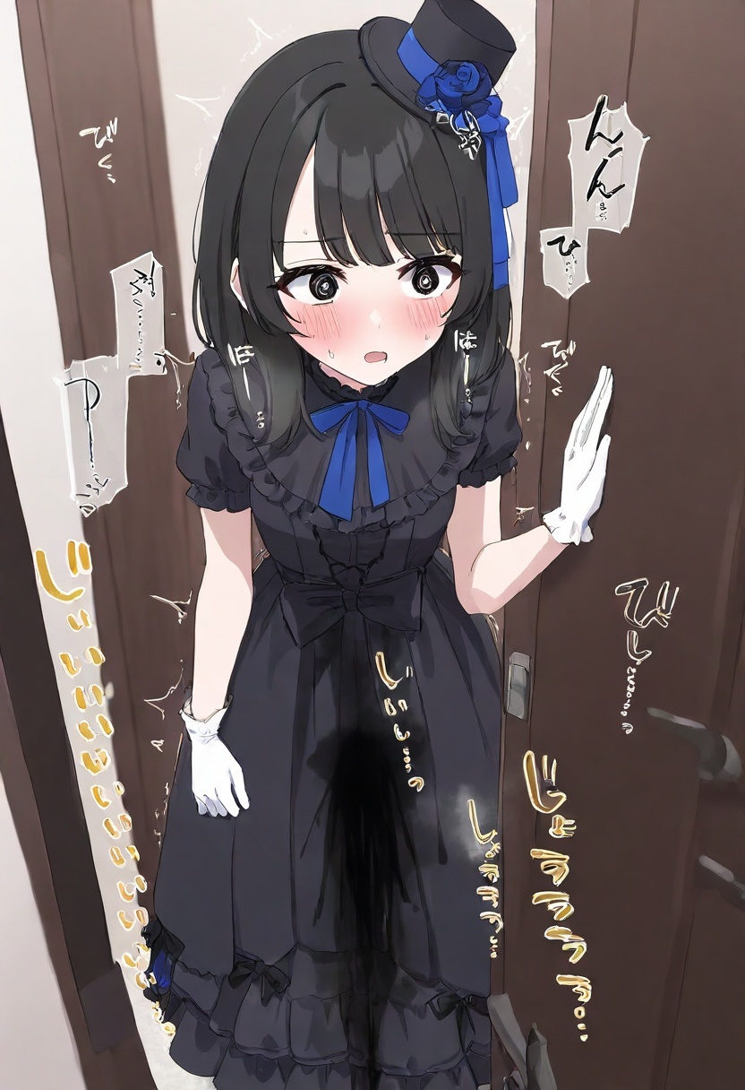 1girl, solo, 
indoors, In front of door, black gothic frilled dress, sleeves, long skirt, black eyes, black hair, bangs, medium hair, white gloves, white skin, mini top hat, (blue ribbon left wrist:1.2), 
trembling, embarrassed, orgasm, standing, peeing self,
<lora:LoraILXL10_PeeingSoundEffects_v1:1>peeing sound effects,
masterpiece, best quality, ultra-detailed, very aesthetic, newest, absurdres, highres,