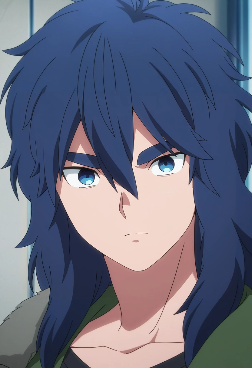 masterpiece, best quality, , anime screencap, , ,, 1boy, solo, male focus, <lora:yui_kemono_jihen_ilxl:0.9>, yui_kemono_jihen, blue hair, blue eyes, long hair, hair between eyes, bangs, thick eyebrows, ,