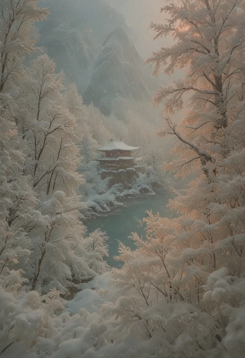 psychodelic scenic japan night landscape, novuschroma73 style, sakura garden, (((winter))), snow, frost, frozen, ice, mountains, lake, perfect composition, sunlight, golden hour, haze, low angle, masterpiece, award winning,, ultra detailed, highly detailed, 8k, uhd, Style-Japan, vivid colours, luminous, ethereal, steam from ice melting,