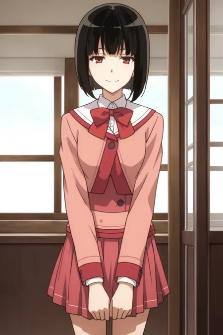 score_9, score_8_up, score_7_up, score_6_up, score_5_up, source_anime, rating_safe, indoors, 1girl, solo, medium breasts, looking at viewer, <lora:age_slider_v4:2>, yagami kagami, black hair, short hair, bob cut, red eyes, school uniform, pink uniform, white collar. pink bowtie, pink jacket, pink shirt, pink skirt, pleated skirt, black kneehighs, loafers, <lora:Kagami_Yagami:0.7>, smile