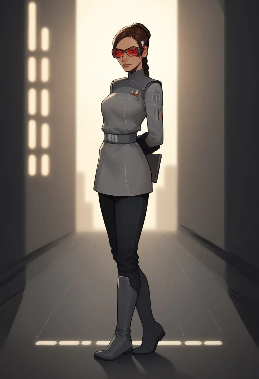 score_9, score_8_up, score_7_up, High quality, high detail, solo, perfect eyes, perfect lips, masterpiece, best quality, dynamic lighting,
emeriekarr, red-tinted goggles, grey uniform, black gloves, black pants, black boots, standing at attention, hand behind back, looking at viewer, stern, cowboy shot, Star Wars city background, blurred background,concentrated, holding a tablet, full body view