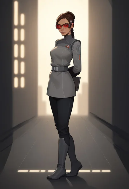 score_9, score_8_up, score_7_up, High quality, high detail, solo, perfect eyes, perfect lips, masterpiece, best quality, dynamic lighting,
emeriekarr, red-tinted goggles, grey uniform, black gloves, black pants, black boots, standing at attention, hand behind back, looking at viewer, stern, cowboy shot, Star Wars city background, blurred background,concentrated, holding a tablet, full body view