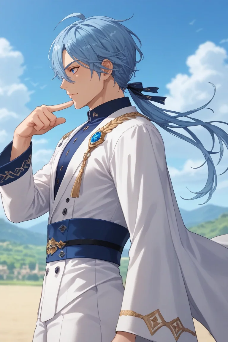 score_9, score_8_up, score_7_up, source_anime, rating_safe, intricate details, (3d:0.4), , depth of field, 1boy, solo, male focus, <lora:edmond_nu_carnival_pony:0.84>, edmond_nu_carnival, blue hair, blue eyes, long hair, hair between eyes, low ponytail, profile, stonehenge, day, clouds, pointing, wavy mouth, , <lora:sdxl_lightning_8step_lora:1>