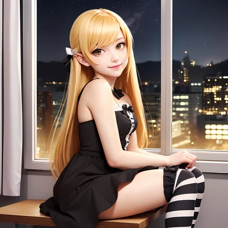 beautiful girl sitting on a desk in the classroom, indoors, 1girl, solo, oshino shinobu, tv_gothic, blonde hair, long hair, yellow eyes, black dress, hair bow, striped thighhighs, frills, sitting, classroom window, night sky, looking at viewer, smirk <lora:shinobuOshinoKissShot9_v10:1>
