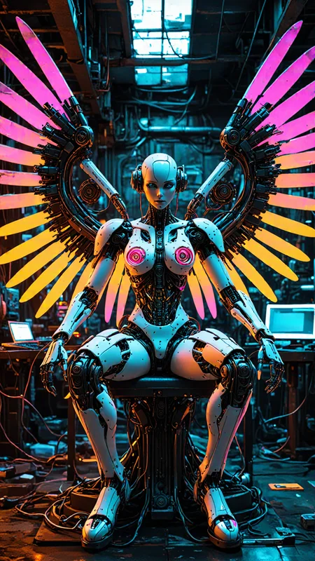 (masterpiece, best quality, intricate, detailed, ornate, vibrant colors), indoors, (factory), machinery, neon, CyberAngel, sitting, (mechanical parts), mechanical limbs, (mechanical wings), cybernetic augmentations, probes, cables, wires, biopunk, cyberpunk, technology, UHD