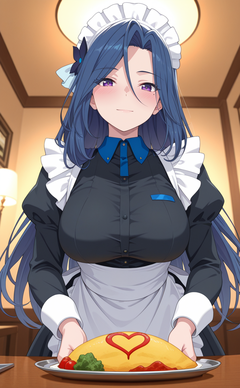 1girl,sksh1r1zean1m,solo,lady,blue hair,purple eyes,mole under eye, long hair,breasts,hair ornament,hair between eyes,(black dress,maid apron,maid:1.2),maid cafe,placing  omelet on table,  drawing ketchup heart, maid outfit, focused expression, indoors, elegant atmosphere, warm lighting, tray, customer interaction,,blush ,light smile,from below ,looking at viewer,best quality,masterpiece,sensitive ,     <lora:SokushiCheatRizeAnimeNoobAI3:0.9>