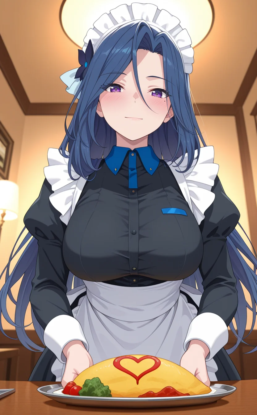1girl,sksh1r1zean1m,solo,lady,blue hair,purple eyes,mole under eye, long hair,breasts,hair ornament,hair between eyes,(black dress,maid apron,maid:1.2),maid cafe,placing  omelet on table,  drawing ketchup heart, maid outfit, focused expression, indoors, elegant atmosphere, warm lighting, tray, customer interaction,,blush ,light smile,from below ,looking at viewer,best quality,masterpiece,sensitive ,     <lora:SokushiCheatRizeAnimeNoobAI3:0.9>