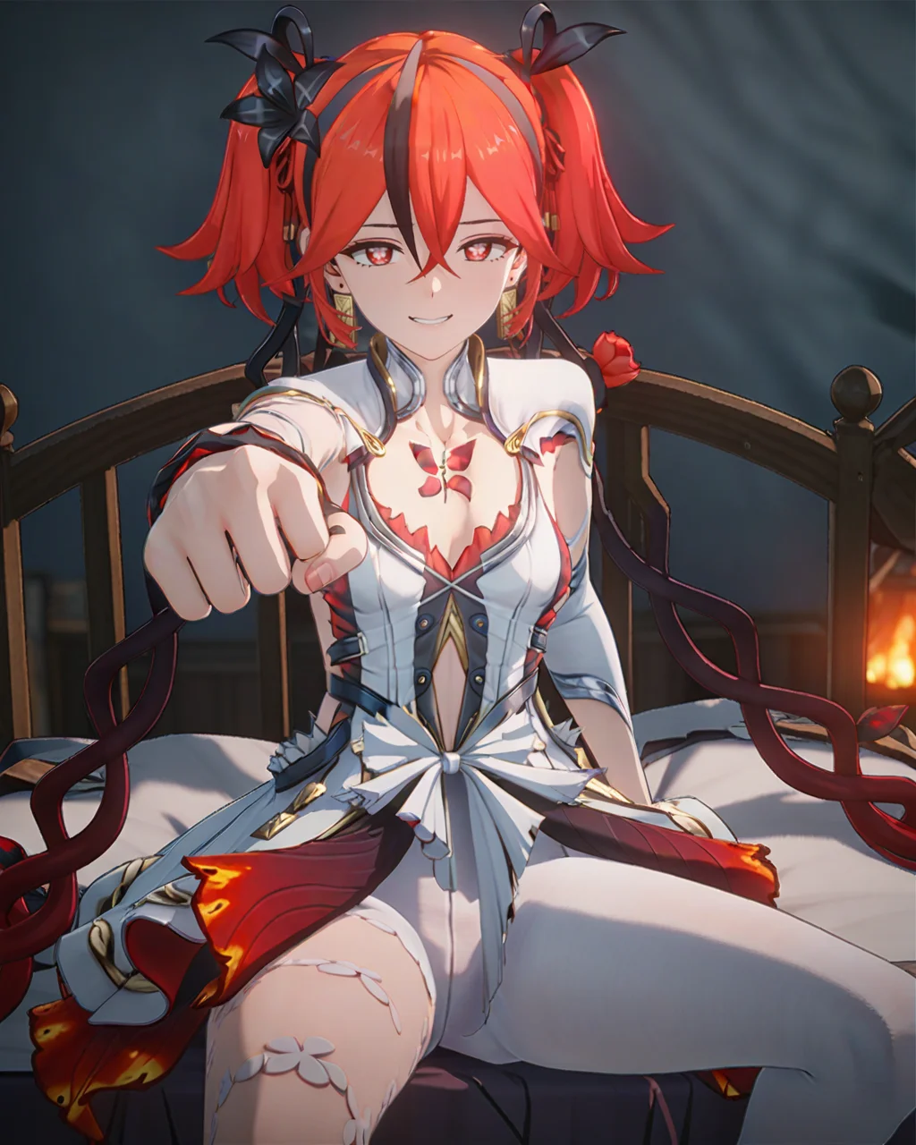 masterpiece,best quality,bed,sitting,looking at viewer,evil smile,teeth,shaded face,punching towards viewer,fist,
<lora:chun_mc_xl:0.8>,chun2,3dchun2,chun,1girl,solo,red eyes,red hair,twintails,hair between eyes,earrings,bangs,hair ornament,flower,mole,jewelry,shoulder armor,ribbon,