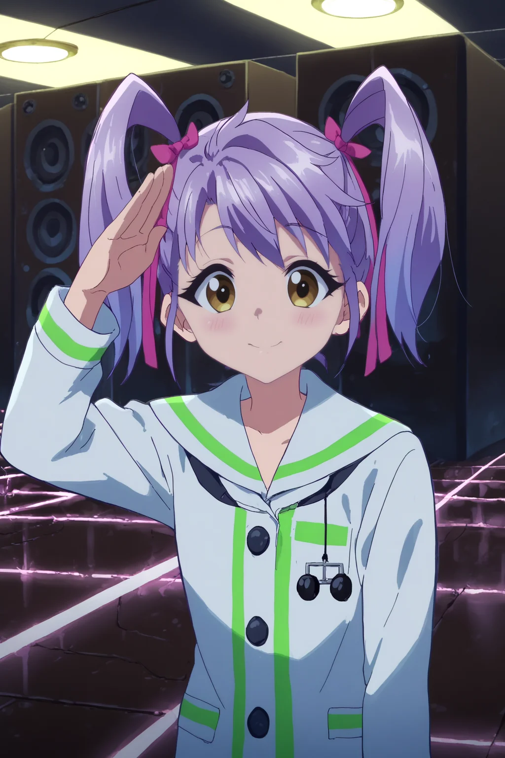 kurumi kumamakura,1girl,solo,smile,twintails,ribbon,yellow eyes,hair ribbon,purple hair,,looking at viewer,school uniform,jacket,lowlight,low light,oily skin,shiny_skin,upper body,smile,good_hands,standing,leaning_forward,salute BREAK indoors,nightclub,music,lights, dancefloor, DJ, speakers,shadows,led,purple neon led <lora:Kurumi_Kumamakura_-_Musaigen_no_Phantom_World.safetensors:0.8> <lora:detailed_backgrounds_v2.safetensors:0.7> <lora:lowlight.safetensors:0.8>