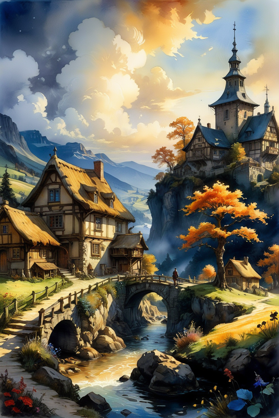 A hyper-realistic, ultra-detailed watercolor painting featuring a fantastical landscape with a village at the end of time. The scene has a perfect composition and chiaroscuro inspired by Rembrandt, with concept art elements by Mariusz Lewandowski, Louis Aston Knight, Karine Eibatova, John Howe, Jessica Rossier, JarosÅaw JaÅnikowski, Inessa Garmash, HenriÃ«tte Ronner-Knip, and Harumi Hironaka. The painting is vibrant, beautiful, painterly, detailed, and textural.
Watercolor painting, masterpiece, best quality, hyper detailed, ultra realistic, 32k, RAW photo, landscape, fantasy, village at the end of time, perfect composition, chiaroscuro by Rembrandt, concept art, vibrant, beautiful, painterly, detailed, textural, artistic, Rembrandt, Mariusz Lewandowski, Louis Aston Knight, Karine Eibatova, John Howe, Jessica Rossier, JarosÅaw JaÅnikowski, Inessa Garmash, HenriÃ«tte Ronner-Knip, Harumi Hironaka.
<lora:add-detail-xl:1.0>,
<lora:EnvyBetterHiresFixXL01:1.0>,
<lora:extremely_detailed:1.0>, extremely detailed,
<lora:EldritchMixIllustration_1.1:0.6>,
<lora:watercolor:0.4> watercolor,
<lora:EnvyInkSwirlXL01:0.25> swirling ink,