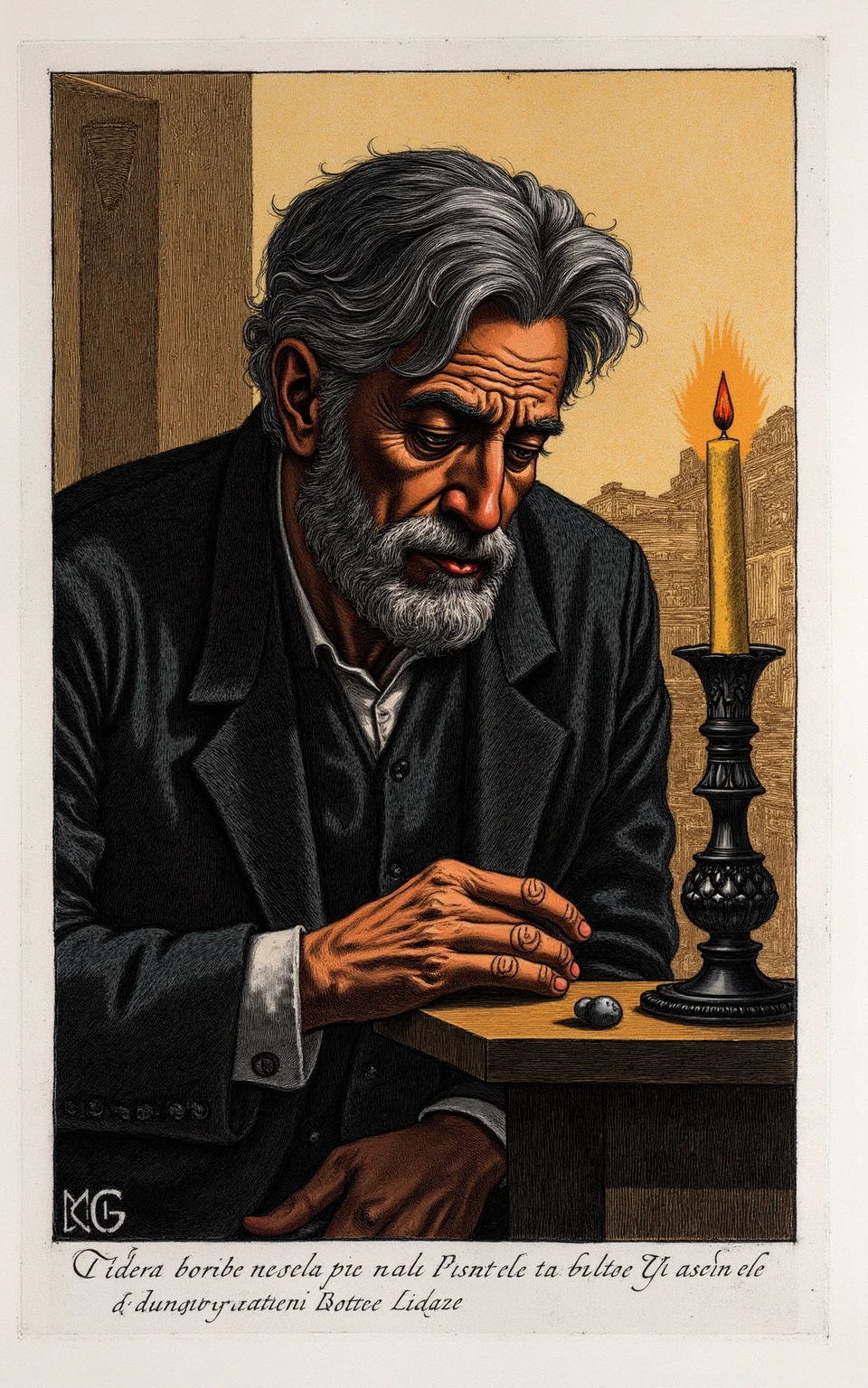 YFG-Pira, Create an etching-style image of a middle-aged man with a worn, weathered face and tousled grey hair, set against a warm, hazy background with subtle lines suggesting distant buildings or alleys, his features starkly lit by a solitary candle flame casting deep shadows under his eyes and across the prominent nose and jawline, while his mouth is set in a determined, almost bitter expression as he gazes downward at some unseen object in his hand, reminiscent of Giovanni Battista Piranesi's dramatic use of chiaroscuro and texture to convey emotion.