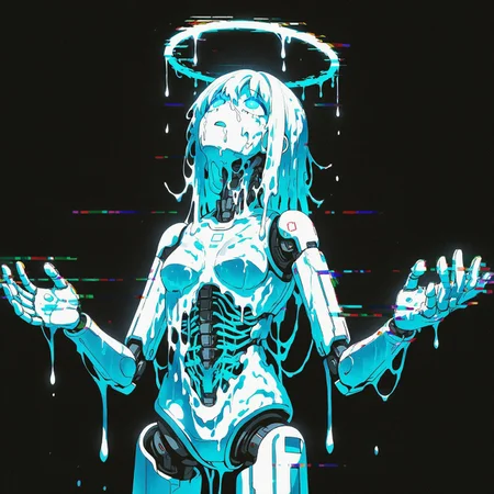 GLTST, Glitch,, Glitch,melting body, open hands, looking up, robotic body, robot, halo, melted halo, ,  glowing 
