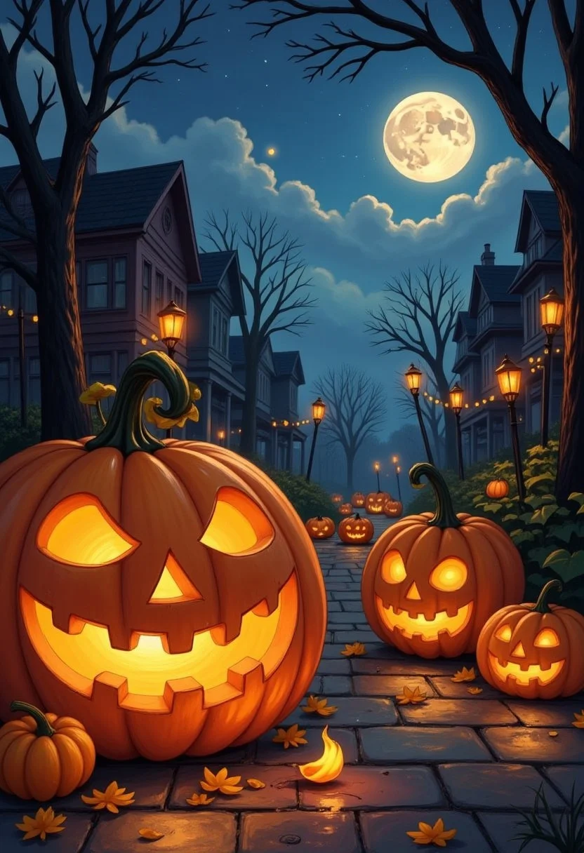 Pumpkins glow at dusk,
Candles flicker in the breeze,
Whispers haunt the streets.
Moonlight shadows creep,
Bare trees twist in chilling wind,
Ghostly voices sing.
Crisp leaves underfoot,
Cloaked in fog, the night turns cold,
Witches cast their spells.
Lanterns guide the way,
Children laugh in masked delight,
Midnight calls them home.