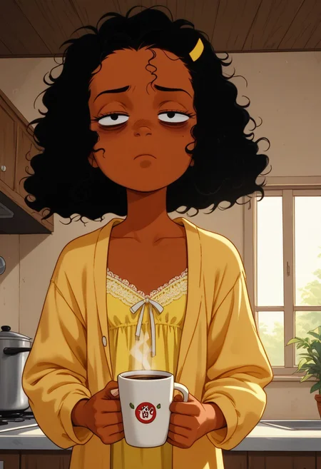 score_9, score_8_up, score_7_up, retro artstyle
1girl, solo, Ashley B RC, black hair,curly hair, ashley b rc, yellow hair ornament, , dark skin, flat chest,
indoors, kitchen, wear only lace negligee, loose clothes, open clothes, holding a cup of coffee, eyes half closed, sleepy eyes, bags under eyes, perfect hands,