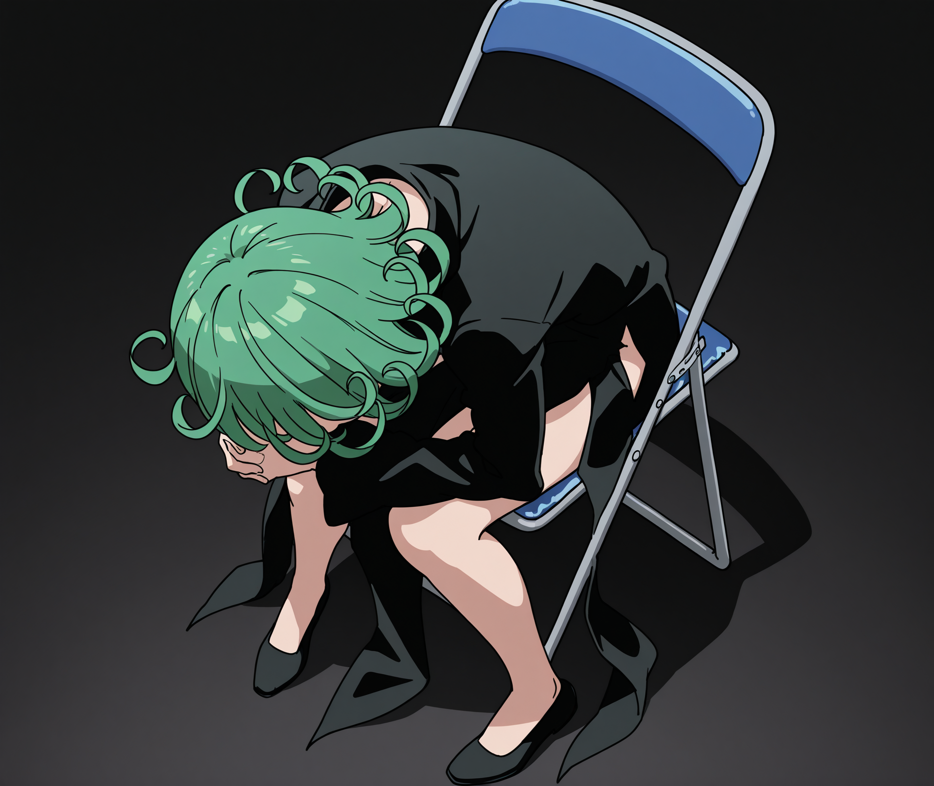 highres, hi res, best quality, masterpiece, 2d, intricate details, 4k, anime coloring, uncensored, shaded, shadow, countershading,
1girl, solo, female, curly hair, green hair, flipped hair, short hair, tatsumaki,
shoes, black dress, side cutout, 
sitting, full body, from above, chair, parody, meme, own hands clasped, head down, folding chair, 
depth of field, black background, <lora:Shinji_in_a_Chair_meme_ILXL:1>, shinji in a chair \(meme\),