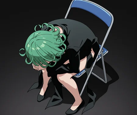 highres, hi res, best quality, masterpiece, 2d, intricate details, 4k, anime coloring, uncensored, shaded, shadow, countershading,
1girl, solo, female, curly hair, green hair, flipped hair, short hair, tatsumaki,
shoes, black dress, side cutout,
sitting, full body, from above, chair, parody, meme, own hands clasped, head down, folding chair,
depth of field, black background, <lora:Shinji_in_a_Chair_meme_ILXL:1>, shinji in a chair \(meme\),