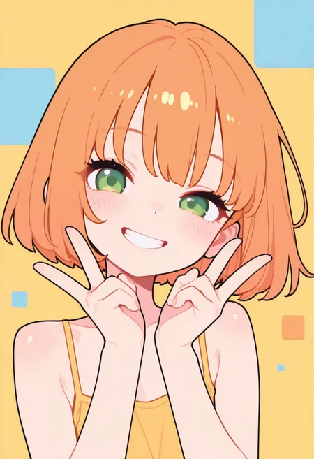 masterpiece,best quality, newest, Smooth, very awa, very aesthetic, flat colors, 1girl, solo, petite, cute, kawaii, small, fragile, young, youthful, orange hair, bob cut, green eyes, fair skin, shiny skin, short hair, flatchest, wink, smile, teeth, double v sign, close up, dynamic pose, xute pose, tilt head,
Colorful themes, High Saturation, haiz_ai,
<lora:ponyv6_noobE11_2_adamW-000017:0.3> <lora:MeMaXL4:0.8> <lora:veluflora-wai:0.35> <lora:haiz_ai_illu:0.7>