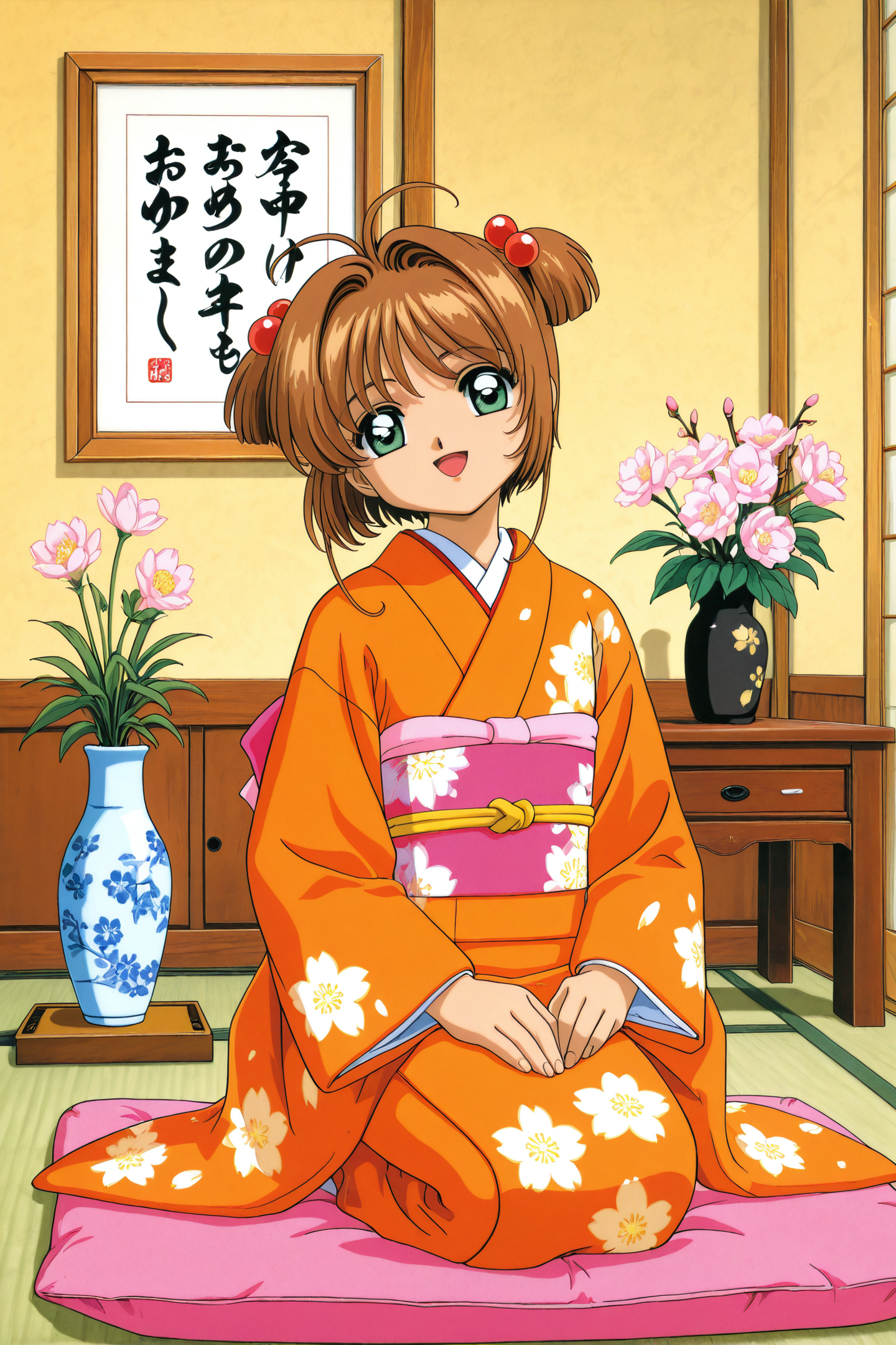 Anime Style,kinomoto sakura,1girl,japanese clothes,seiza,kimono,brown hair,floral print,flower,vase,long sleeves,obi,green eyes,sitting,sash,1990s (style),indoors,bangs,antenna hair,short hair,smile,looking at viewer,retro artstyle,hair intakes,open mouth,potted plant,print kimono,plant,hair ornament,wide sleeves,full body,solo,head tilt,:d,orange kimono,two side up,zabuton,female child,ribbon,picture frame,
<lora:Card Captor Sakura_illustriousXL:0.8>,
