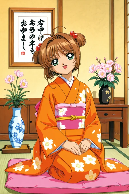 Anime Style,kinomoto sakura,1girl,japanese clothes,seiza,kimono,brown hair,floral print,flower,vase,long sleeves,obi,green eyes,sitting,sash,1990s (style),indoors,bangs,antenna hair,short hair,smile,looking at viewer,retro artstyle,hair intakes,open mouth,potted plant,print kimono,plant,hair ornament,wide sleeves,full body,solo,head tilt,:d,orange kimono,two side up,zabuton,female child,ribbon,picture frame,
<lora:Card Captor Sakura_illustriousXL:0.8>,