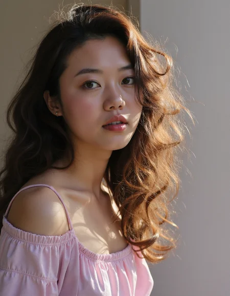 photo of a Korean woman with long curly hair wearing a pink blouse standing in front of a wall and looking off to the side, dramatic, a character portrait, neo-romanticism, aaimage, aana_photo, aaphotos, <lora:35mm_joycap:0.5> <lora:amateurphoto-6version:0.5> <lora:artisticanalogphotos:0.5> <lora:photooo-000001:0.5> <lora:Zphyr_FLUX_Photorealistic_LoRA:0.5> <lora:socmed_v2:0.5>