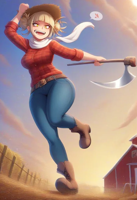 (score_9,score_8_up,score_7_up,score_6_up,score_5_up,1girl), (toga_himiko),(boku_no_hero_academia),blonde_hair,(glowing eyes),(yellow_eyes),(wide hips),thick thighs,curvy,happy,double buns,farm,barn in background,harvests,short hair,jacket,tattoo on arms,white scarf,hand sign,cloudy,fighting stance,scythe on left hand,holding wooden scythe,plaid shirt,jeans,bullet belt, (flying sweatdrops),dirt road,(wooden hut in the background), masterpiece,best_quality,newest,absurdres,best shadow,light particles,4k,highly detailed background,amazing quality,highly detailed_skin,very_detailed_clothes,power_lines,wooden fence, emphasis_lines,very_aesthetic,dynamic_angle,high quality,gun, best shadows,spoken star,elbow gloves,<lora:add-detail-xl:2>,
<lora:Pony_DetailV2.0.safetensors:1.0>,(straw hat),haystacks